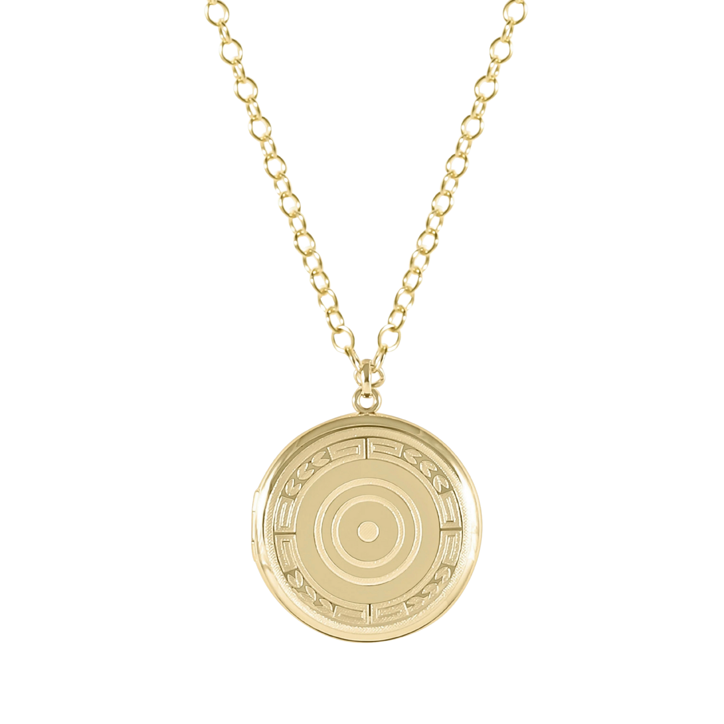 Gold necklace with a circular pendant on a white background