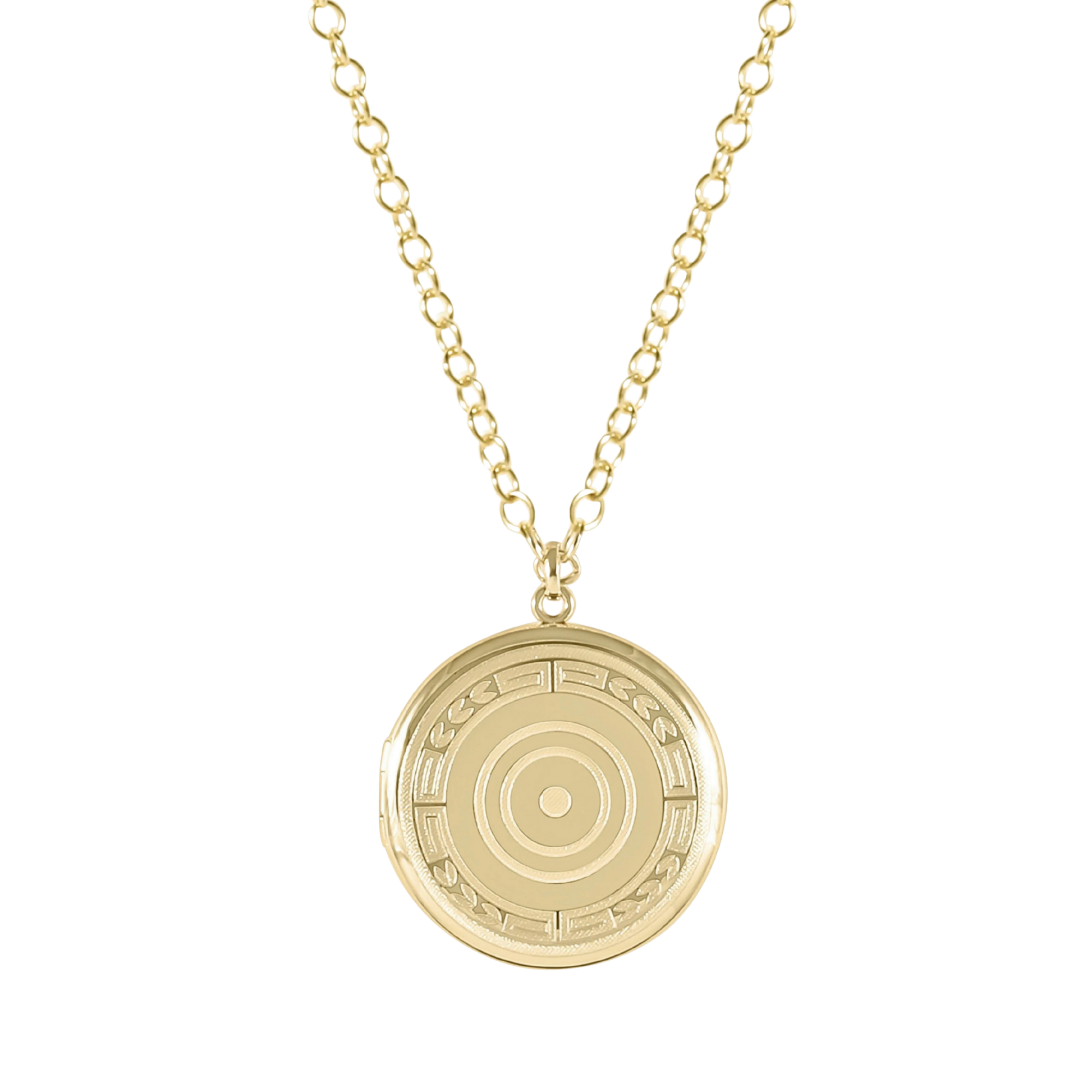 Gold necklace with a circular pendant on a white background