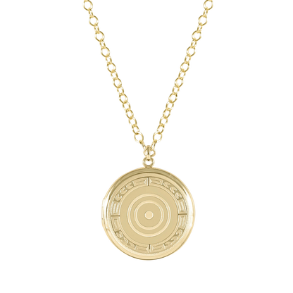 Gold necklace with a circular pendant on a white background