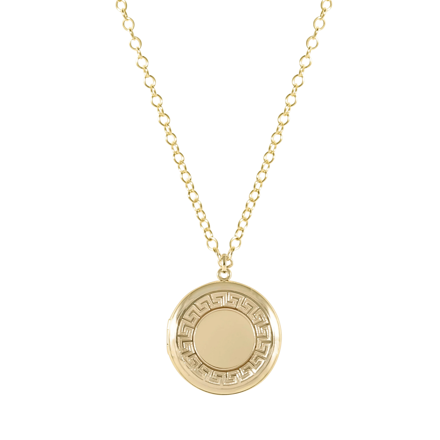 Gold necklace with a round pendant on a white background