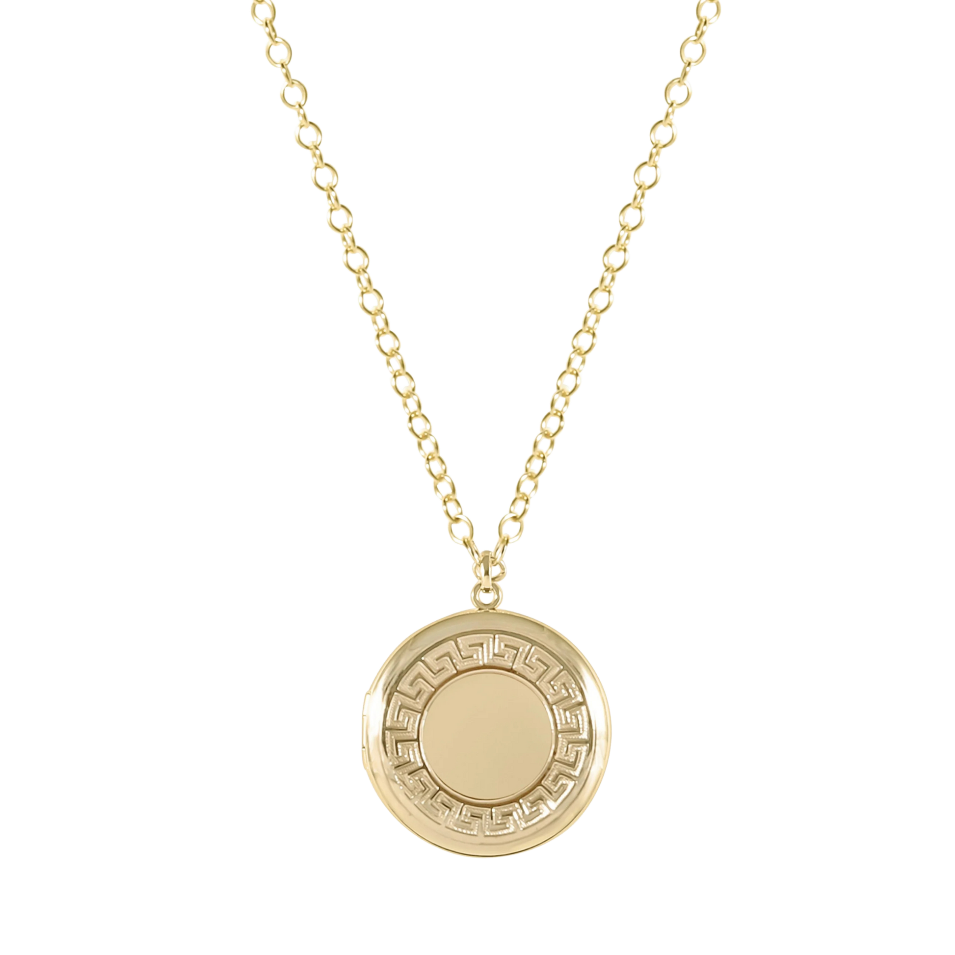 Gold necklace with a round pendant on a white background