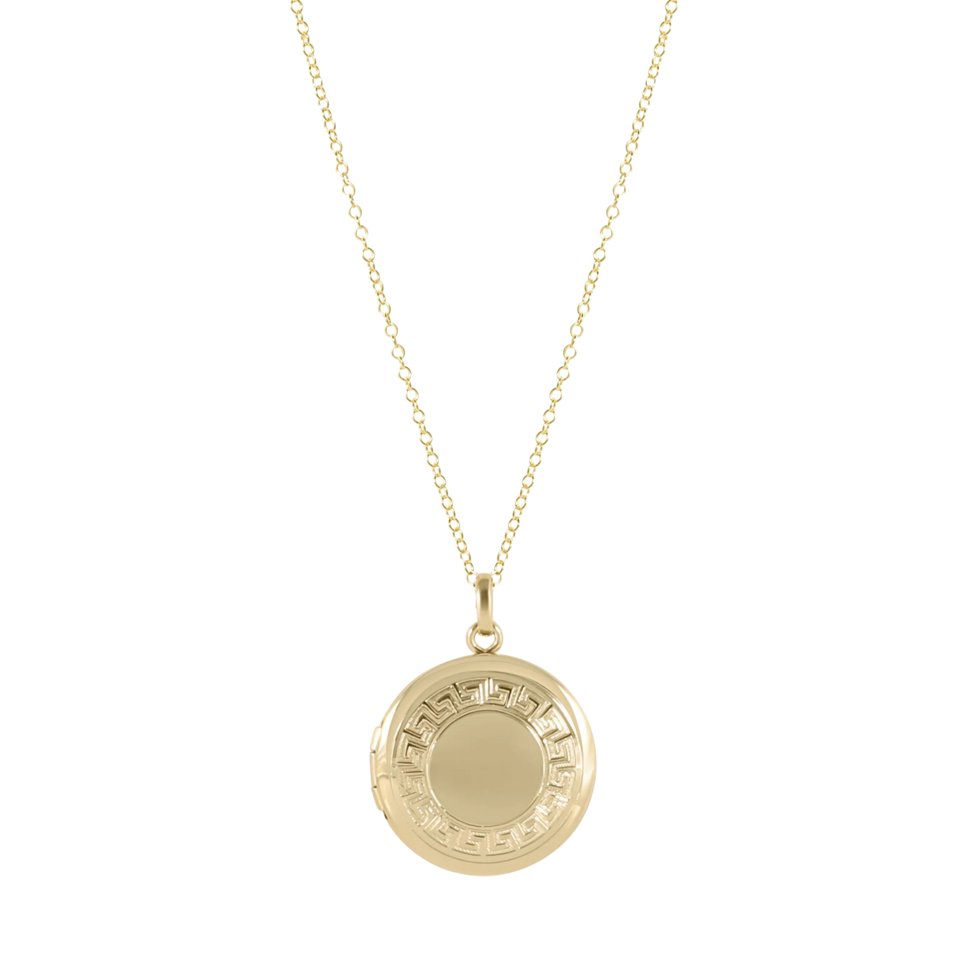 Gold necklace with a round pendant on a white background