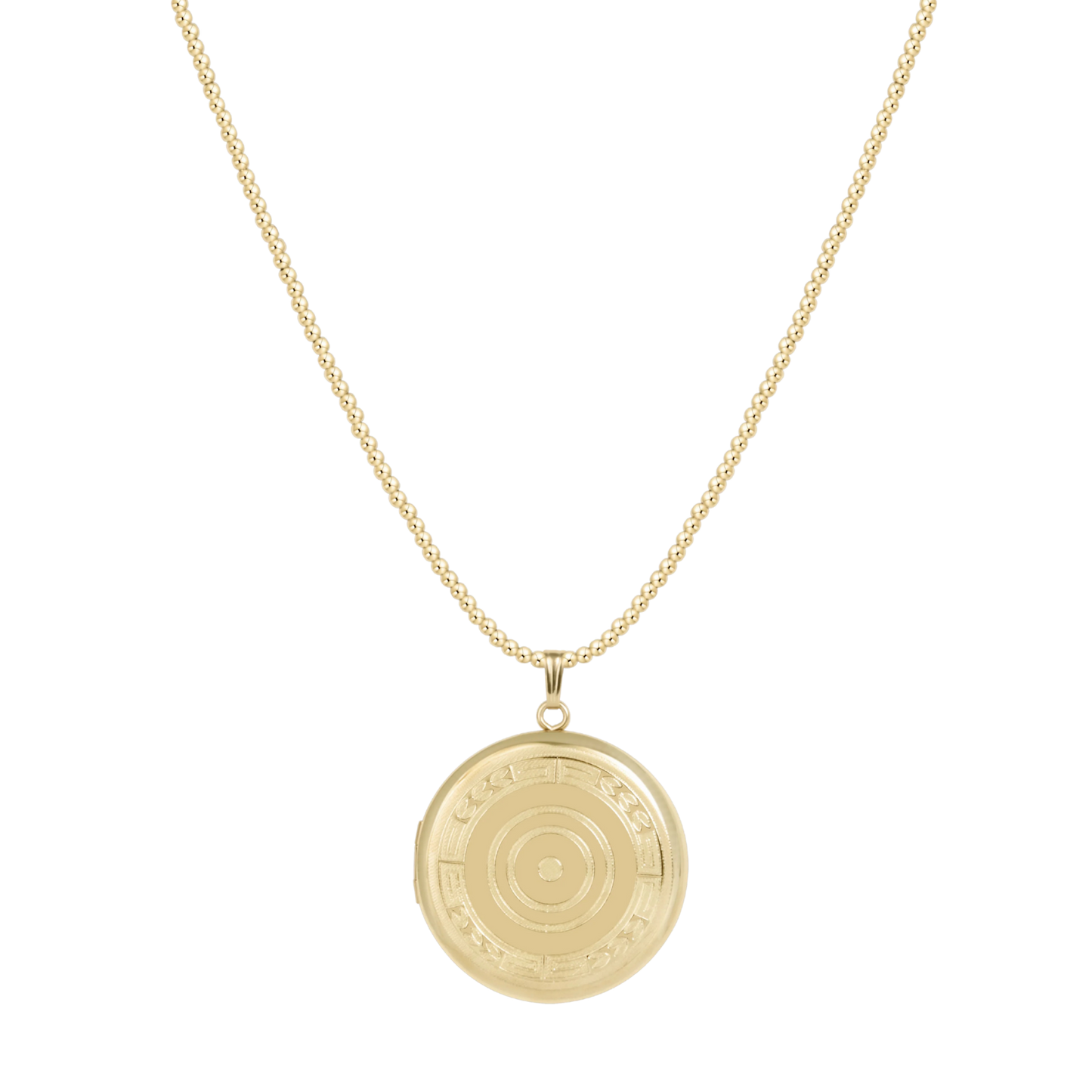 Gold necklace with a round pendant on a white background