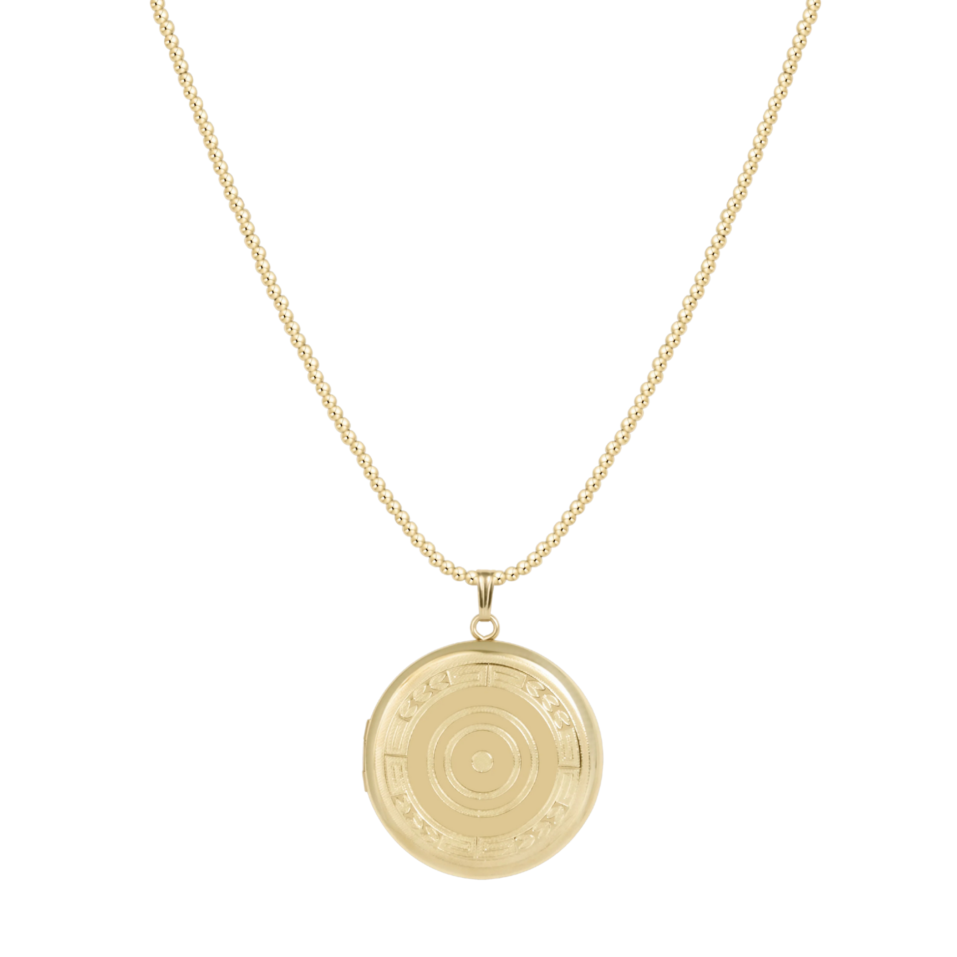 Gold necklace with a round pendant on a white background