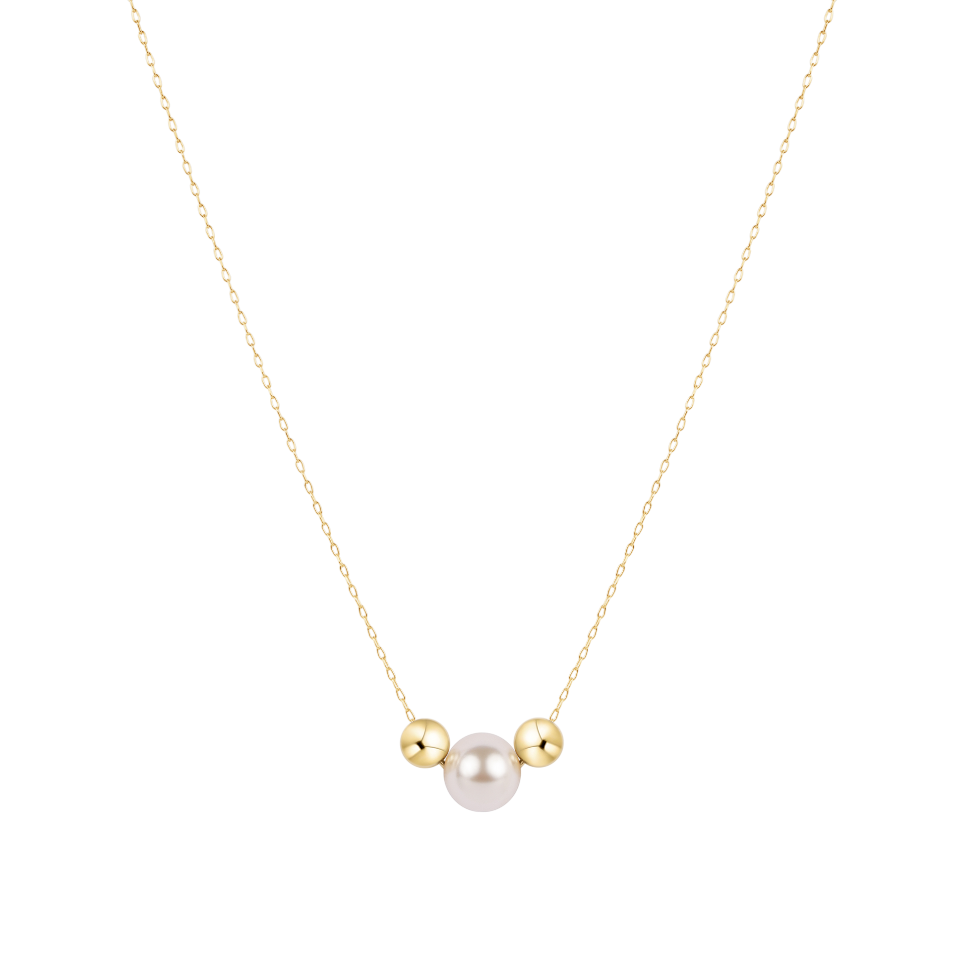 Necklace with a single pearl and two gold beads on a white background