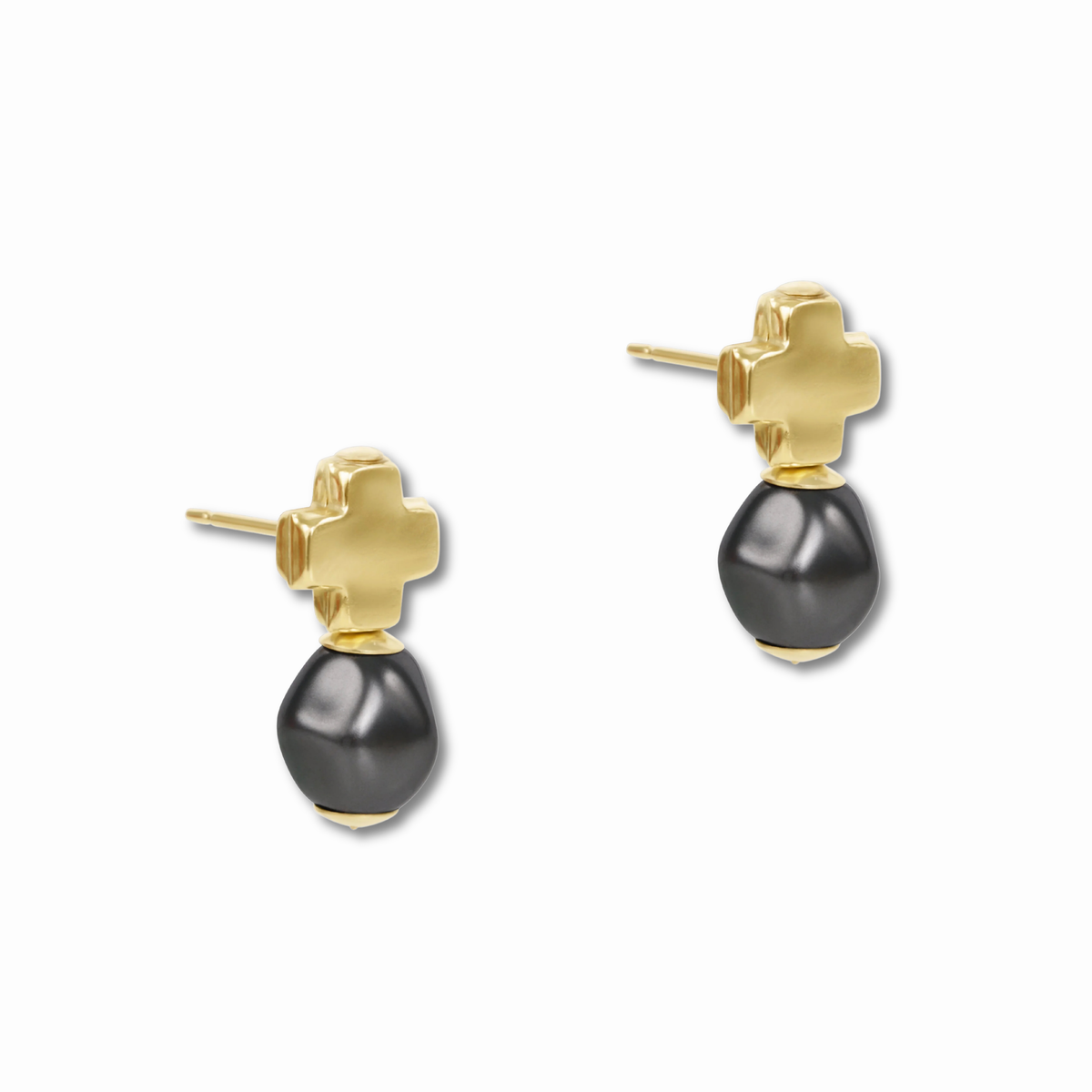 enewton Signature Cross Gold Stud Earrings in Classic Pearl Dark Grey