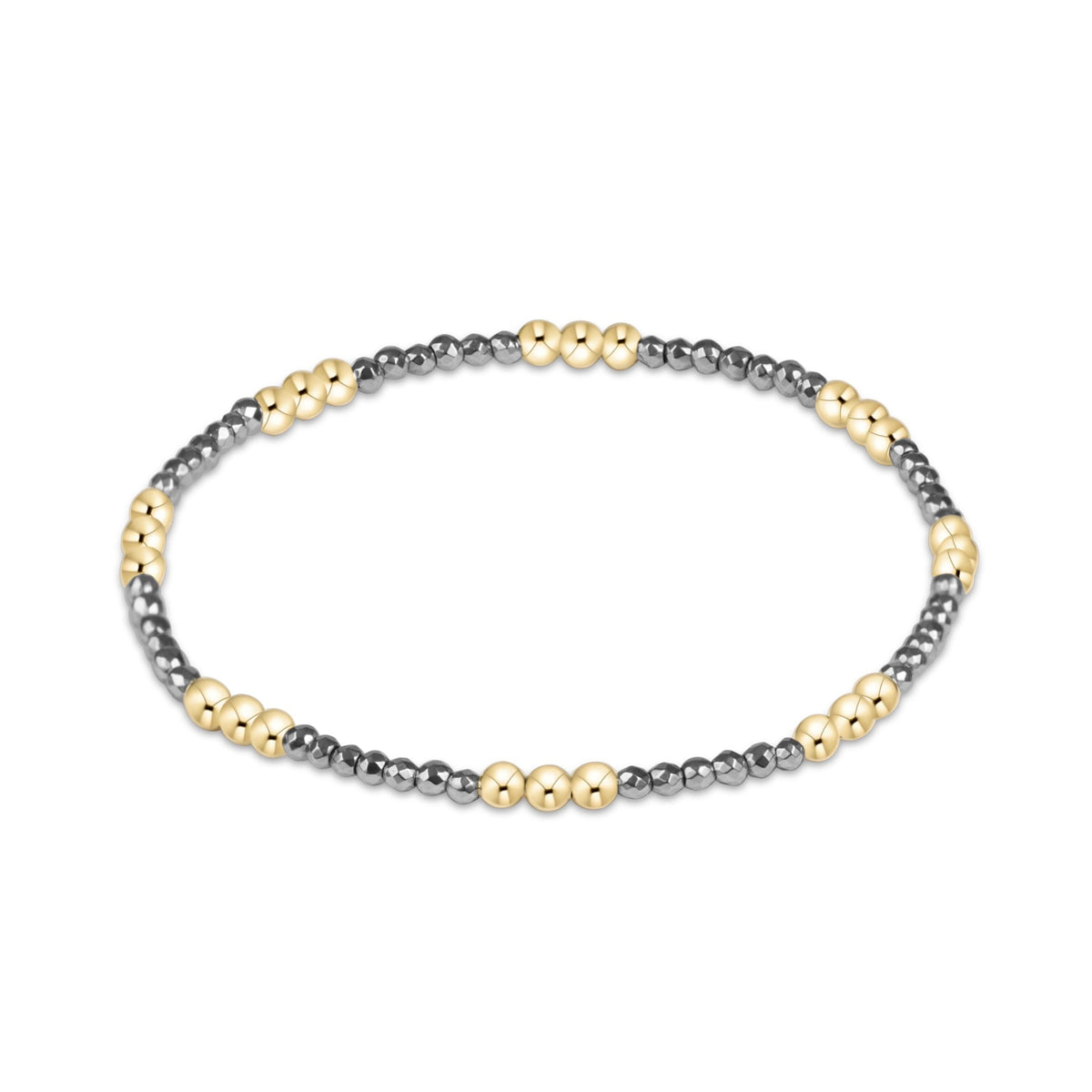 A beaded stretch bracelet featuring alternating strands of polished yellow gold and matte dark gray metallic beads, displayed on a clean white background.