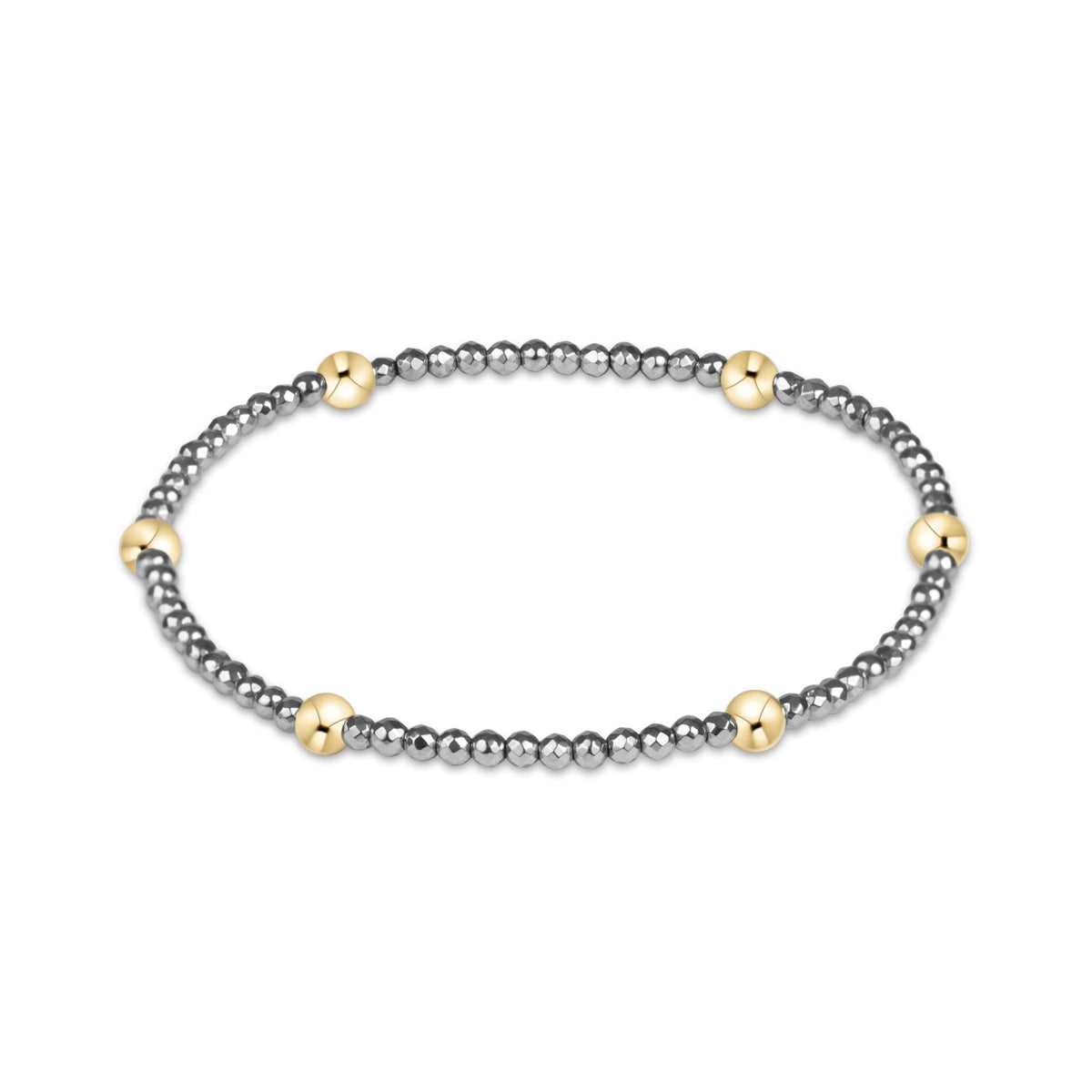A beaded stretch bracelet featuring dark gray metallic beads and six polished gold accent beads, displayed on a clean white background.