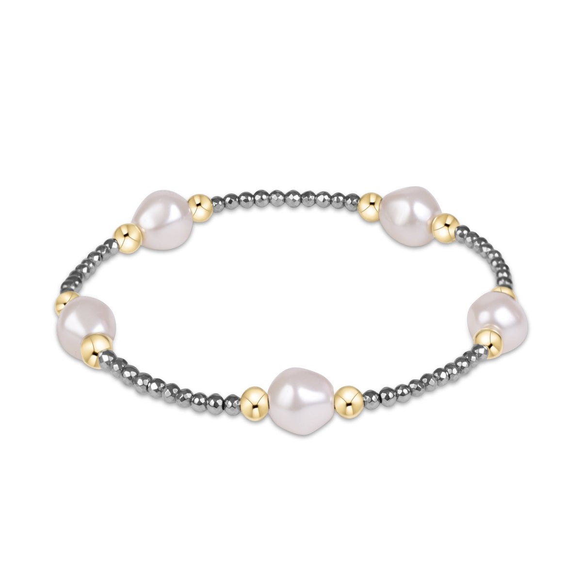 A beaded stretch bracelet featuring large, irregular white freshwater pearls, polished gold spacer beads, and dark gray metallic spacer beads.