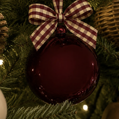 5" Merlot Glass Globe Ornament with Plaid Ribbon