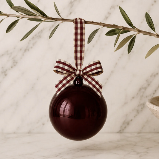 5" Merlot Glass Globe Ornament with Plaid Ribbon