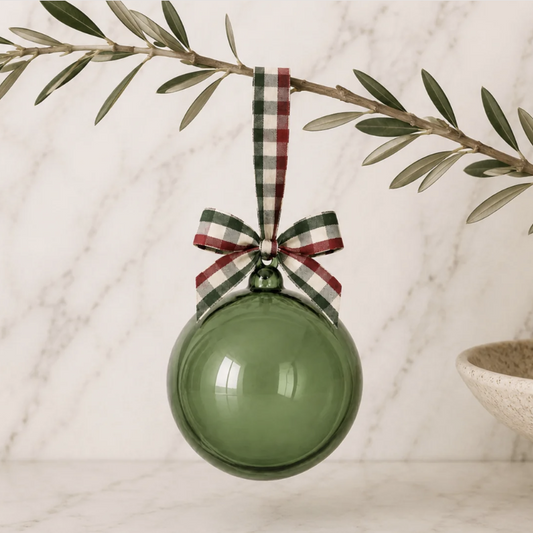 5" Sprpuce Glass Globe Ornament with Plaid Ribbon