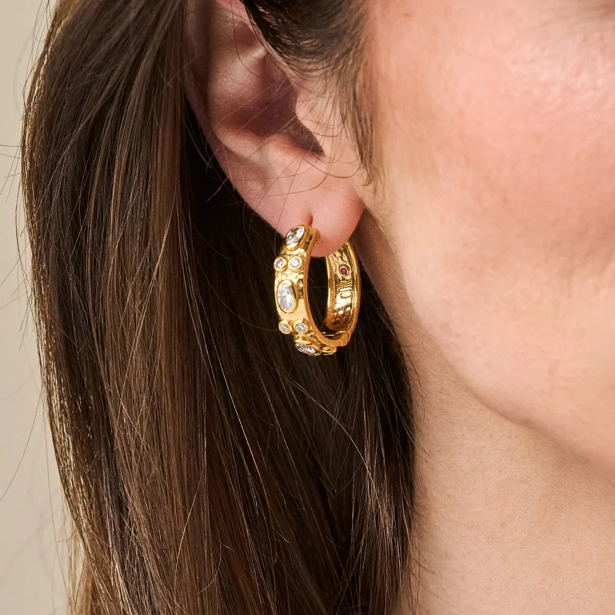 Maharani Huggie Hoop Earrings in Gold with Clear Cubic Zirconia, Capucine de Wulf