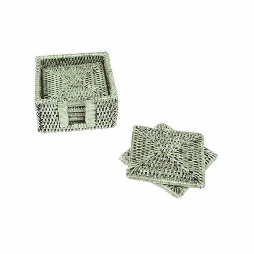 Rattan Square Coaster and Holder Set in Green - Caspari