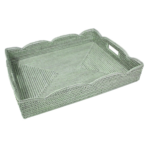 Rattan Scalloped Large Tray in Green - Caspari