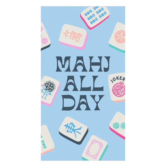 Card with Mahjong tiles and 'MAHJ ALL DAY' text on a light blue background