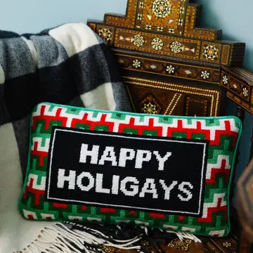 Needlepoint Pillow, "Happy Holigays"