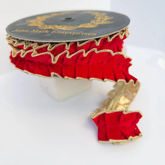 John Mark Enterprises Red Velvet Pleated Metallic Dupion DBL Fused 1.5" Ribbon
