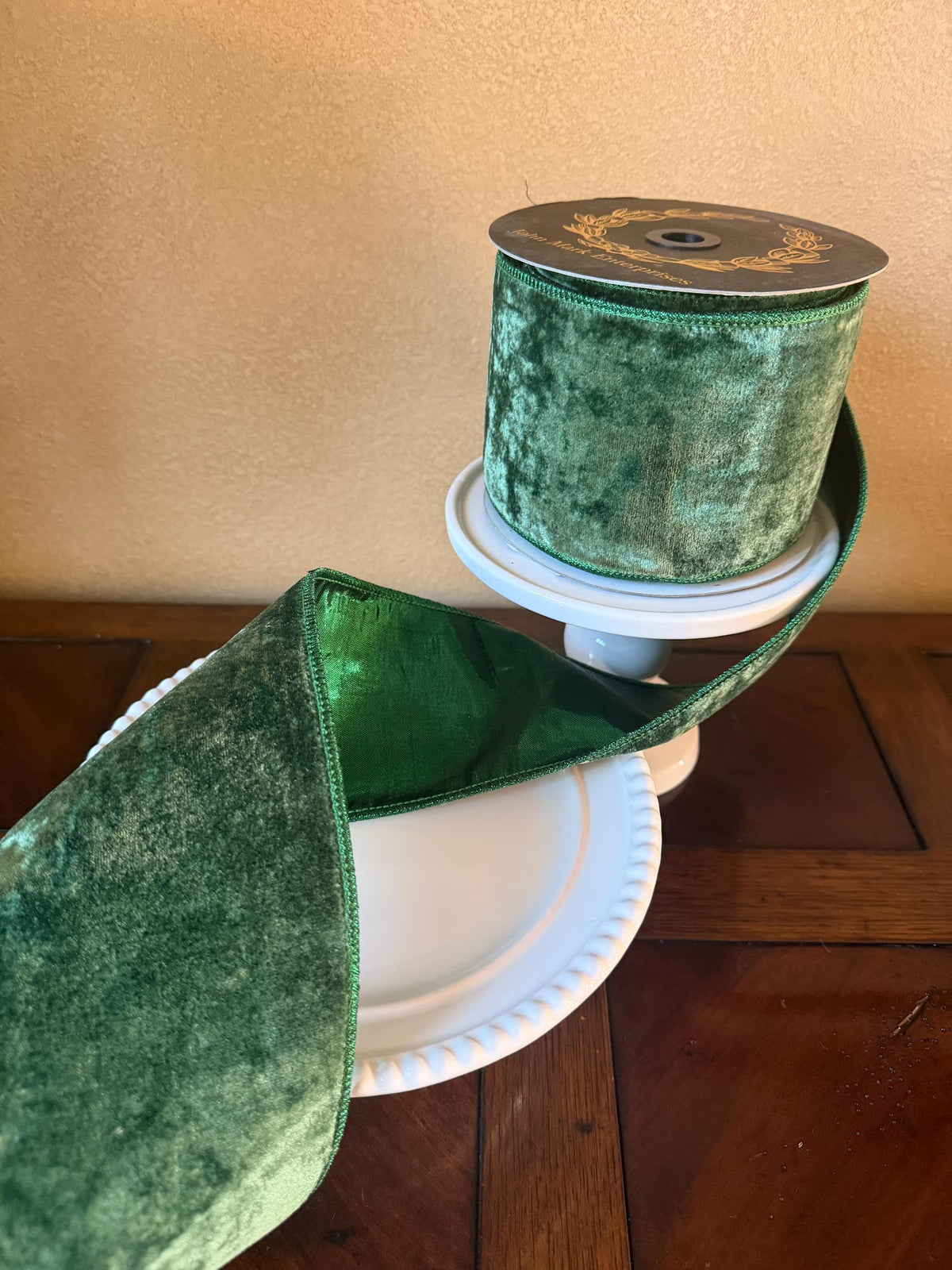 John Mark Enterprises Velvet Metallic Dupion Fused Dark Green 2.5" Ribbon