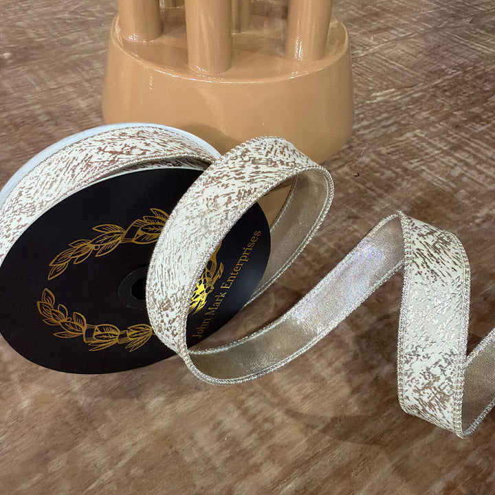 John Mark Enterprises Ivory Printed Velvet Metallic Dupion DBL Fused 1" Ribbon