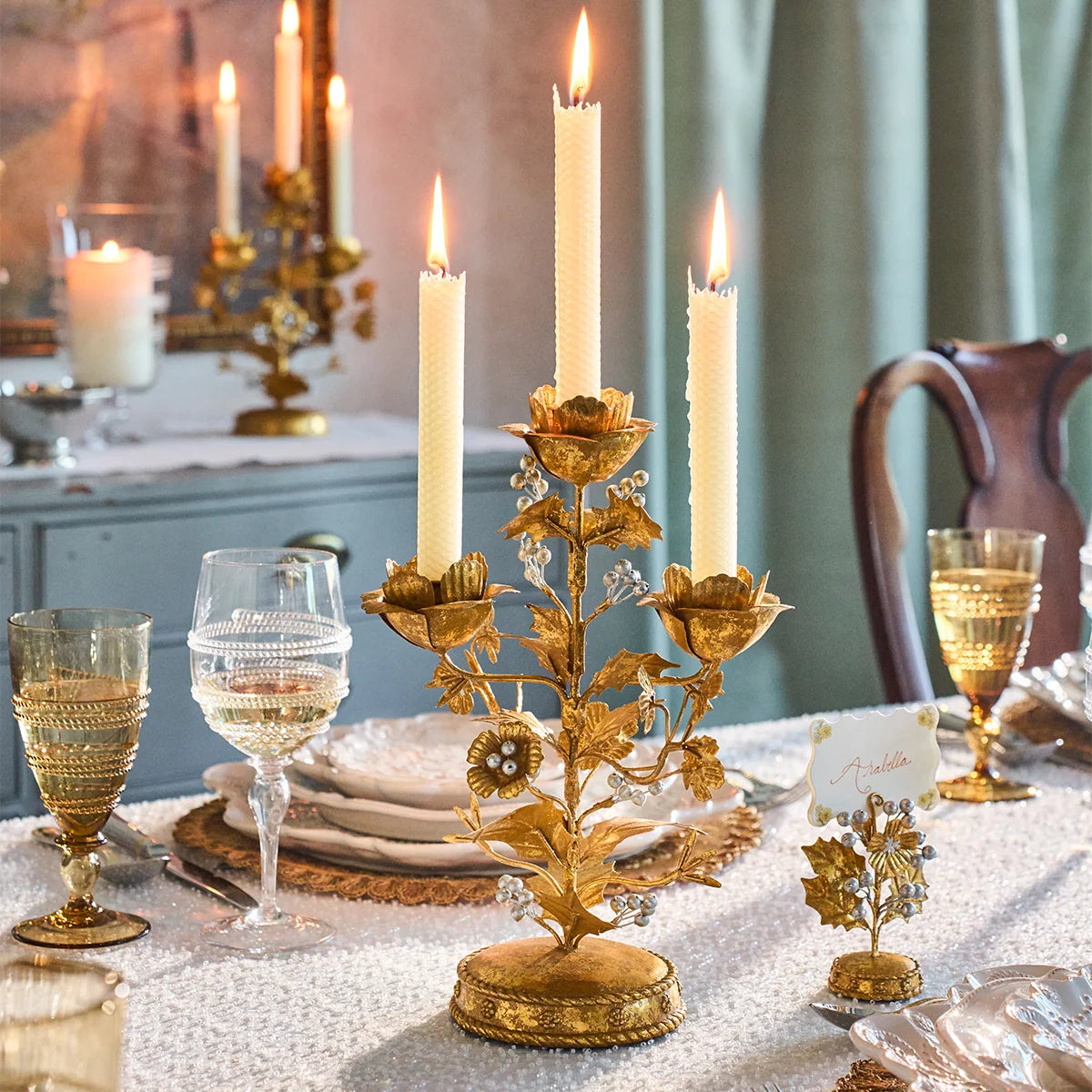 Juliska Forest Walk Holly 13" Gold & Silver Centerpiece Candelabra
