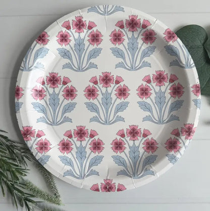 Pink & Blue Block Print Paper Dessert Plates