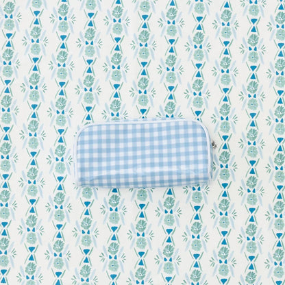 Patterned Toiletry Bag in Light Blue Gingham