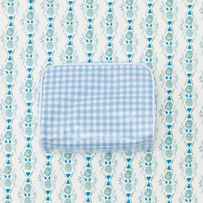 Patterned Toiletry Bag in Light Blue Gingham