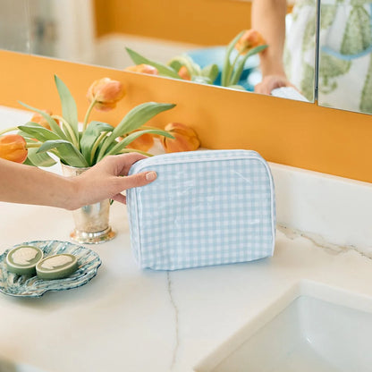 Patterned Toiletry Bag in Light Blue Gingham