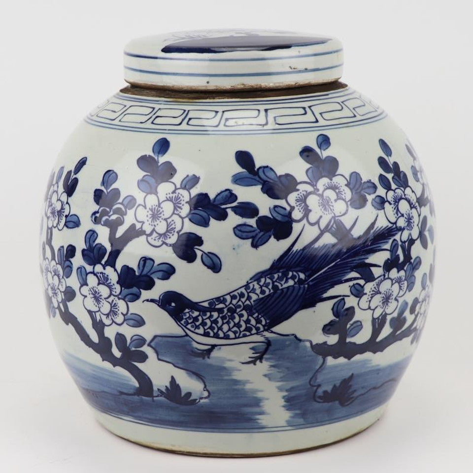 Blue and White Ming Jar Long-Tailed Bird, Large