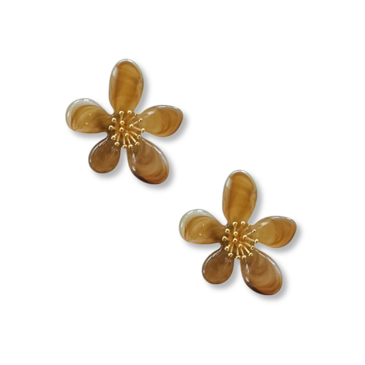 Pair of brown flower-shaped earrings on a white background