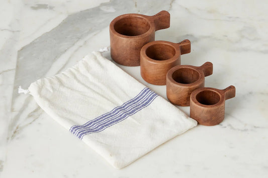 French Bistro Wooden Measuring Cup Set of 4 in Navy Stripe Bag