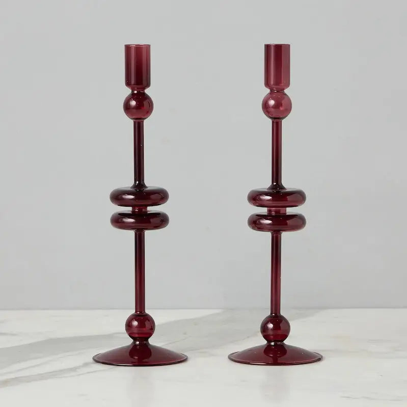 Glass Pair of Merlot Candlesticks