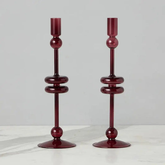 Glass Pair of Merlot Candlesticks