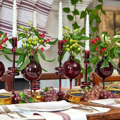 Glass Pair of Merlot Candlesticks