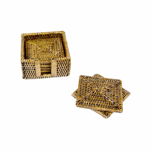 Rattan Square Coaster and Holder Set in Natural