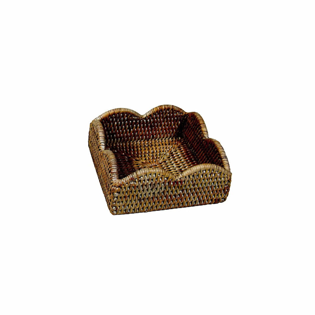 Rattan Scalloped Cocktail Napkin Holder in Dark Natural - Caspari