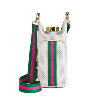 HydroBag in White Coated Perforated Neoprene with Pink + Green Stripe Strap