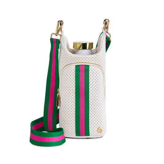 HydroBag in White Coated Perforated Neoprene with Pink + Green Stripe Strap