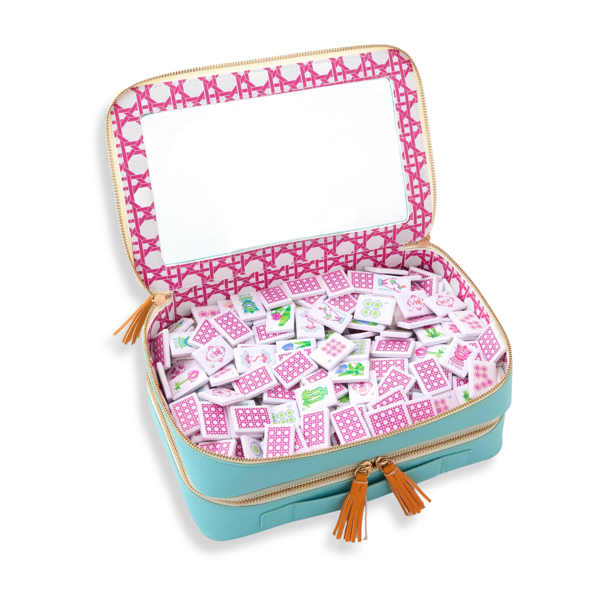 Open case with pink and white patterned mahjong tiles on a white background