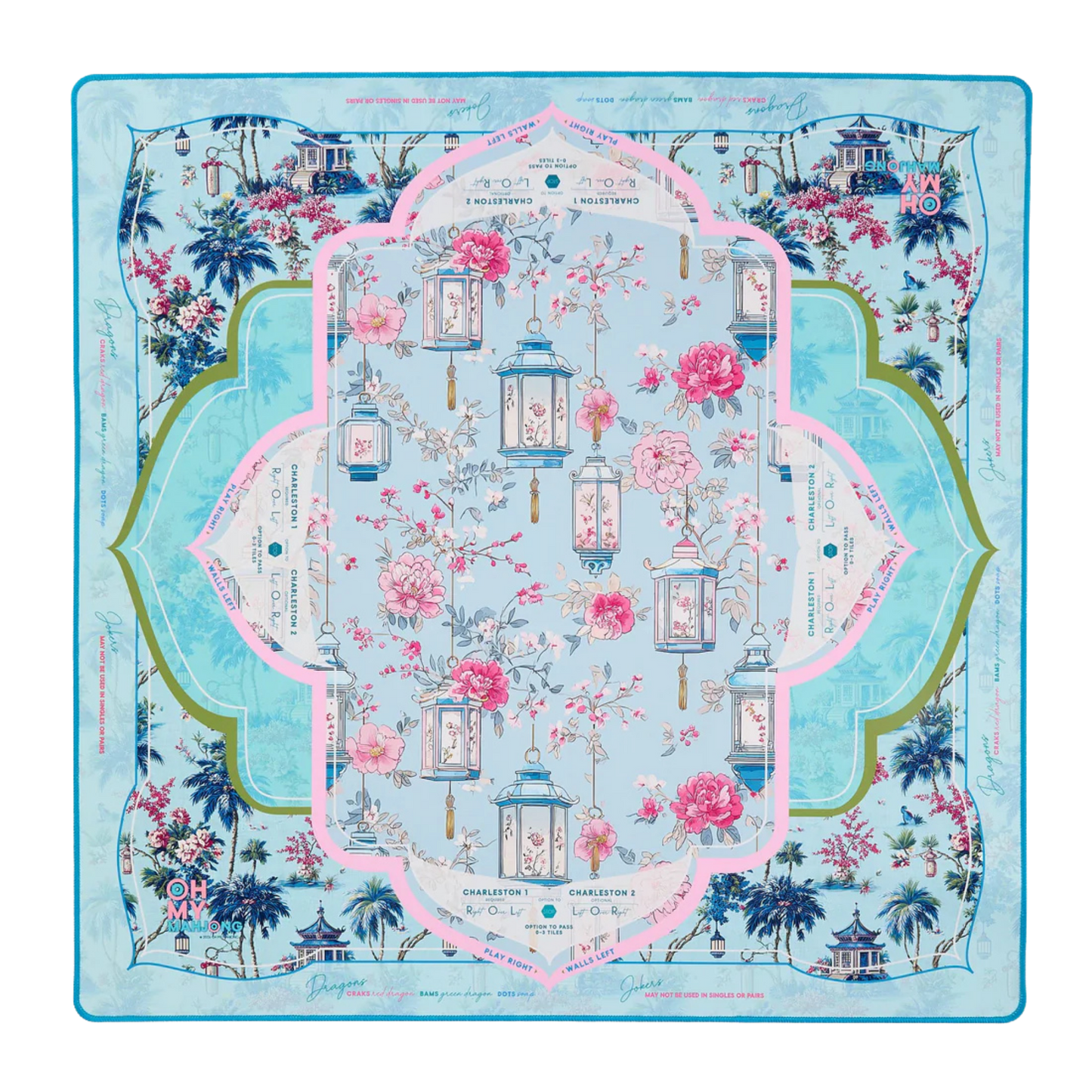 Decorative tablecloth with floral and lantern design on a blue background