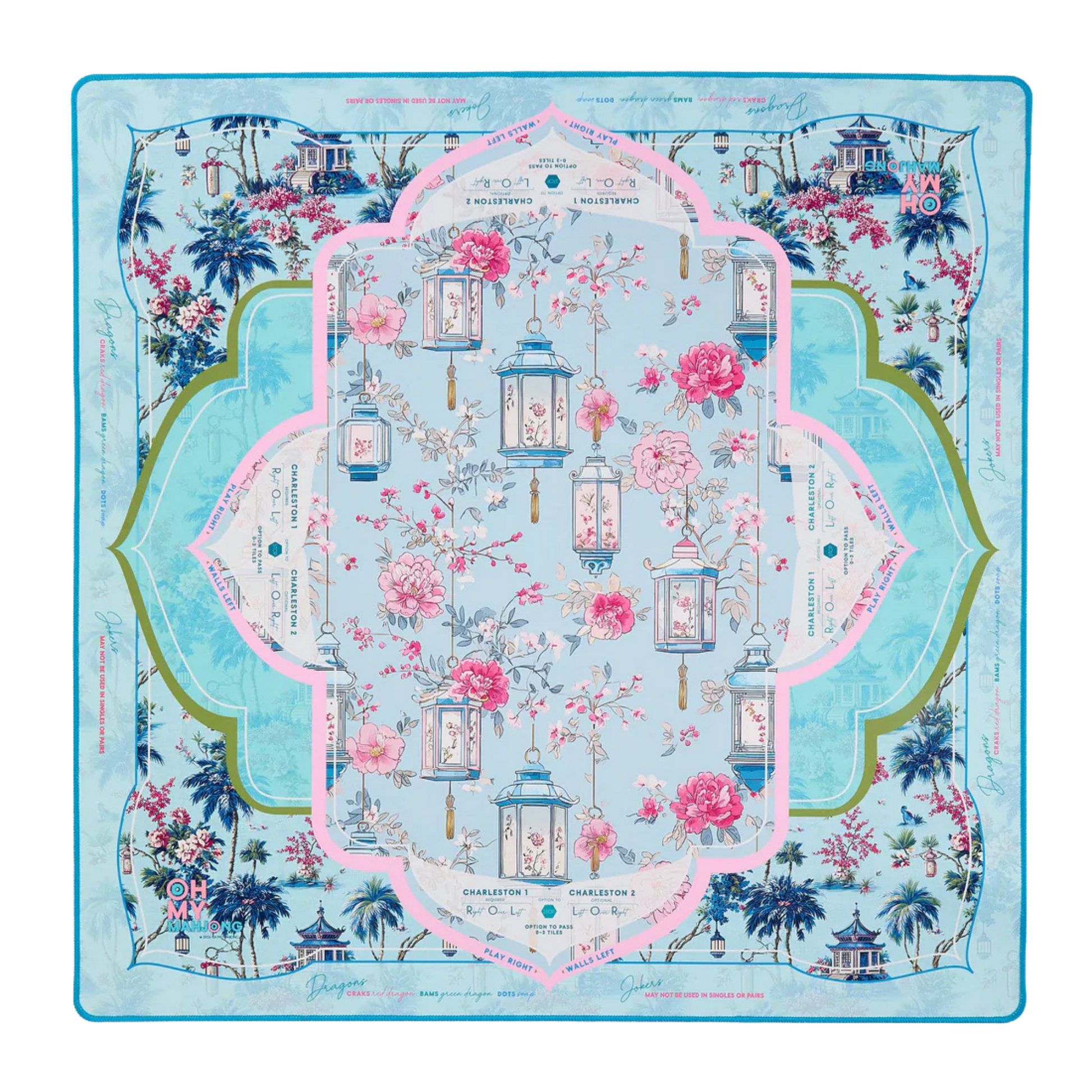 Decorative tablecloth with floral and lantern design on a blue background