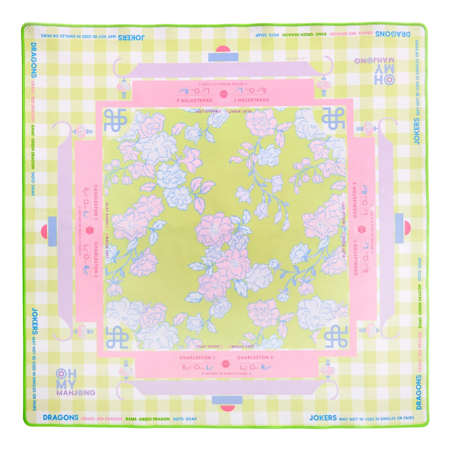 Floral design mahjong on a green background with pink accents