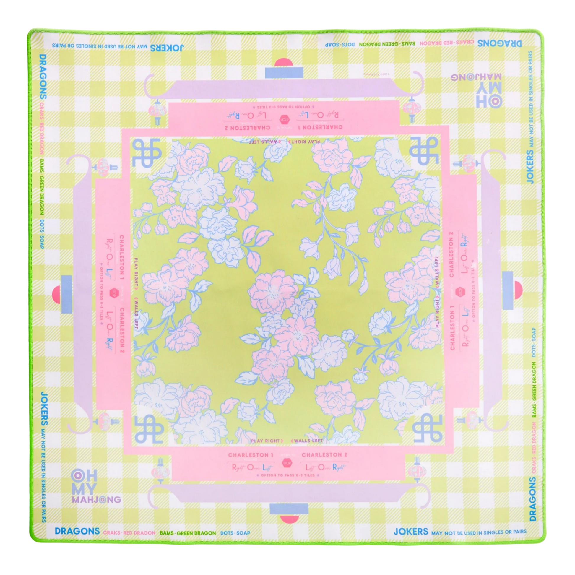 Floral design mahjong on a green background with pink accents