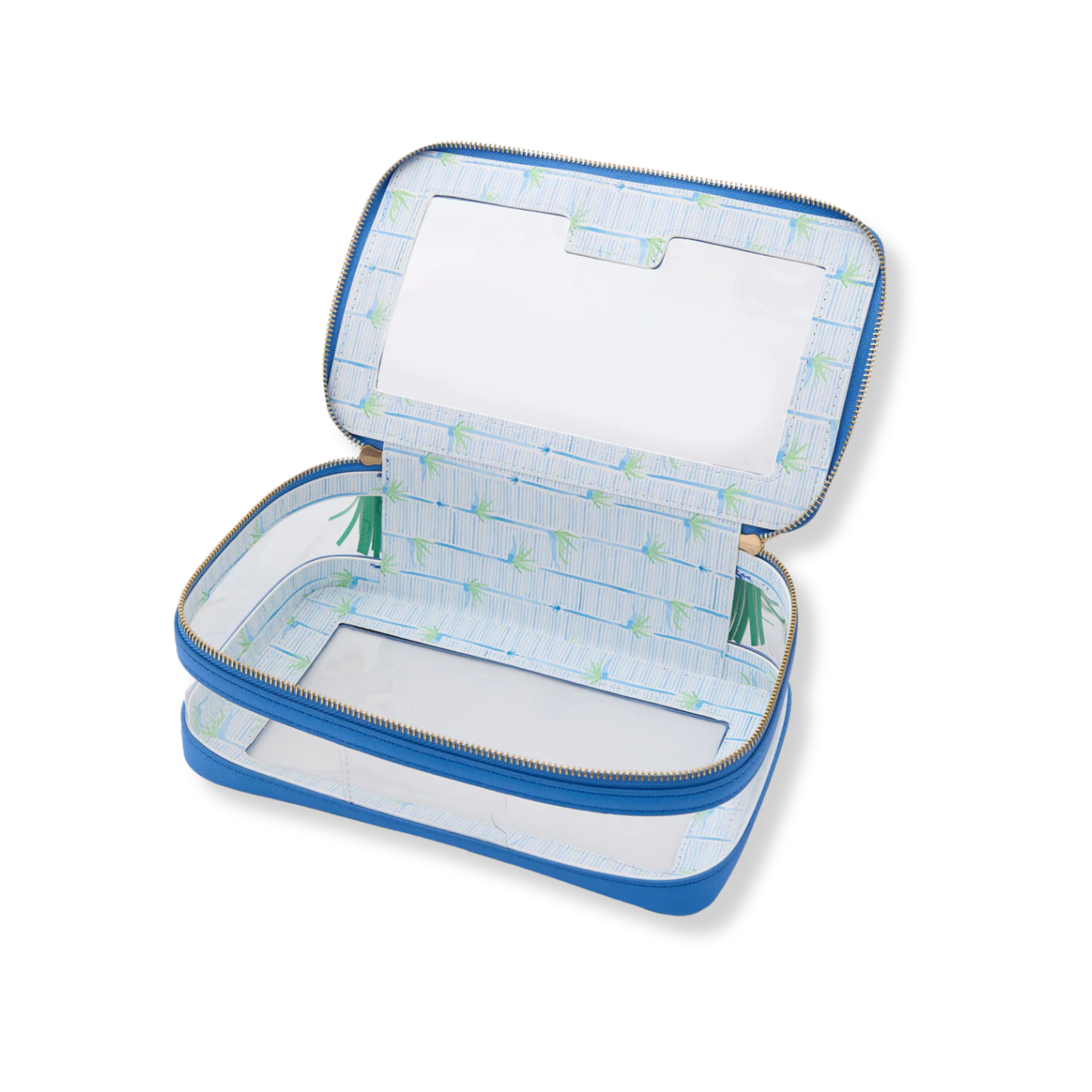 Clear travel case with blue zipper on a white background