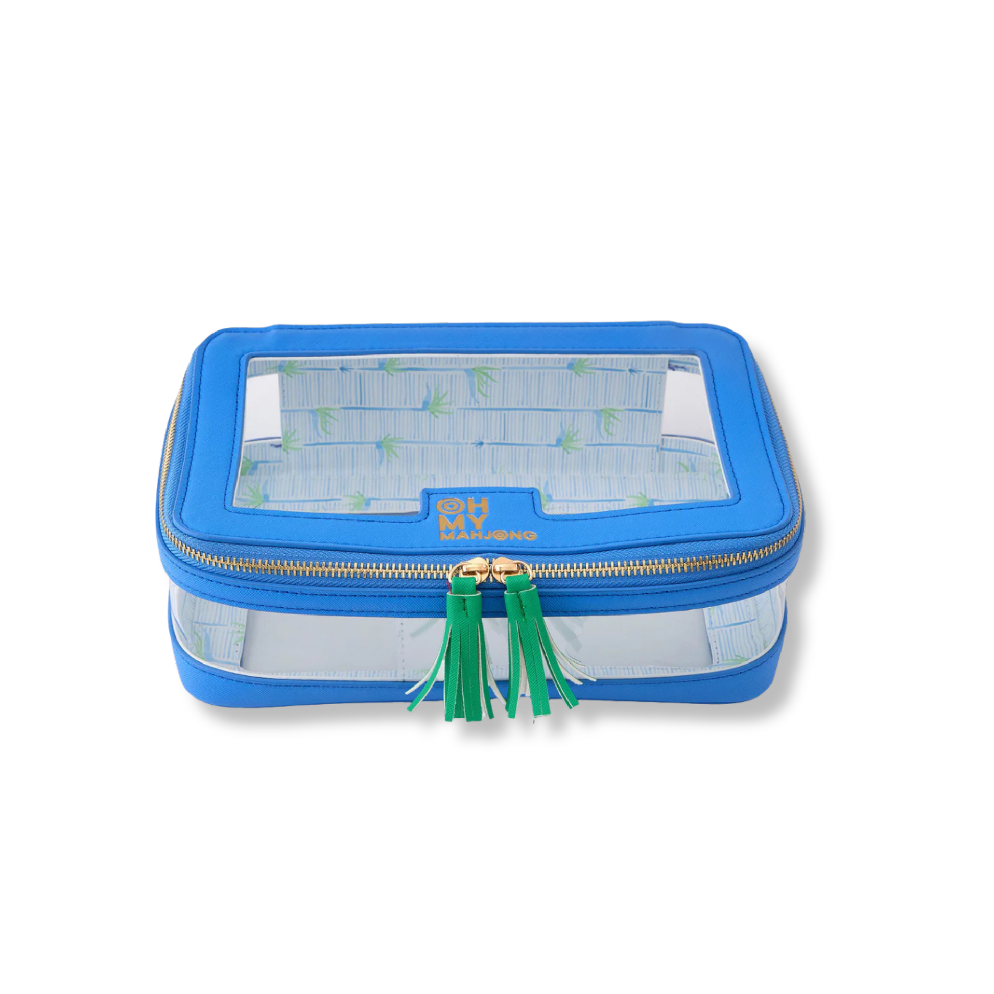 Blue travel pouch with clear window and green tassel on a white background