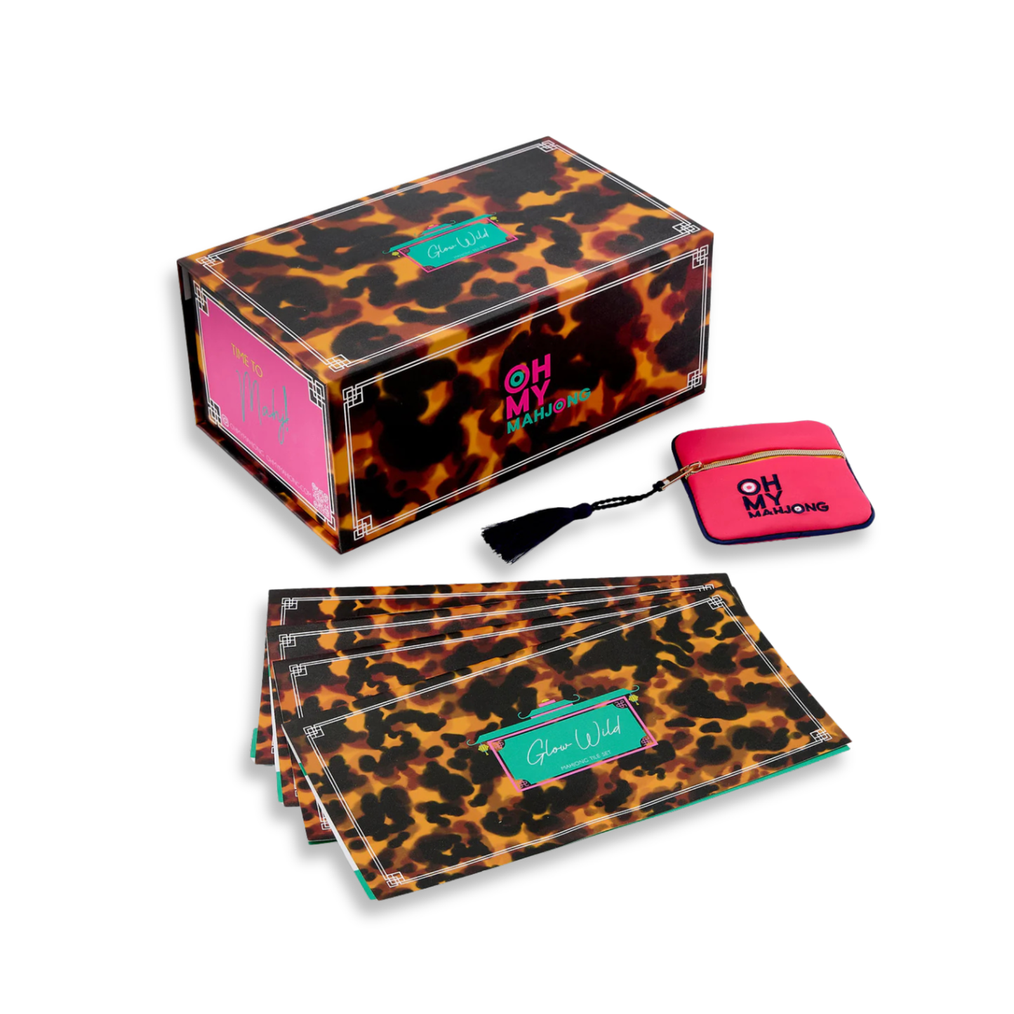 Set of leopard print products with pink accents and 'Oh My' branding on a white background