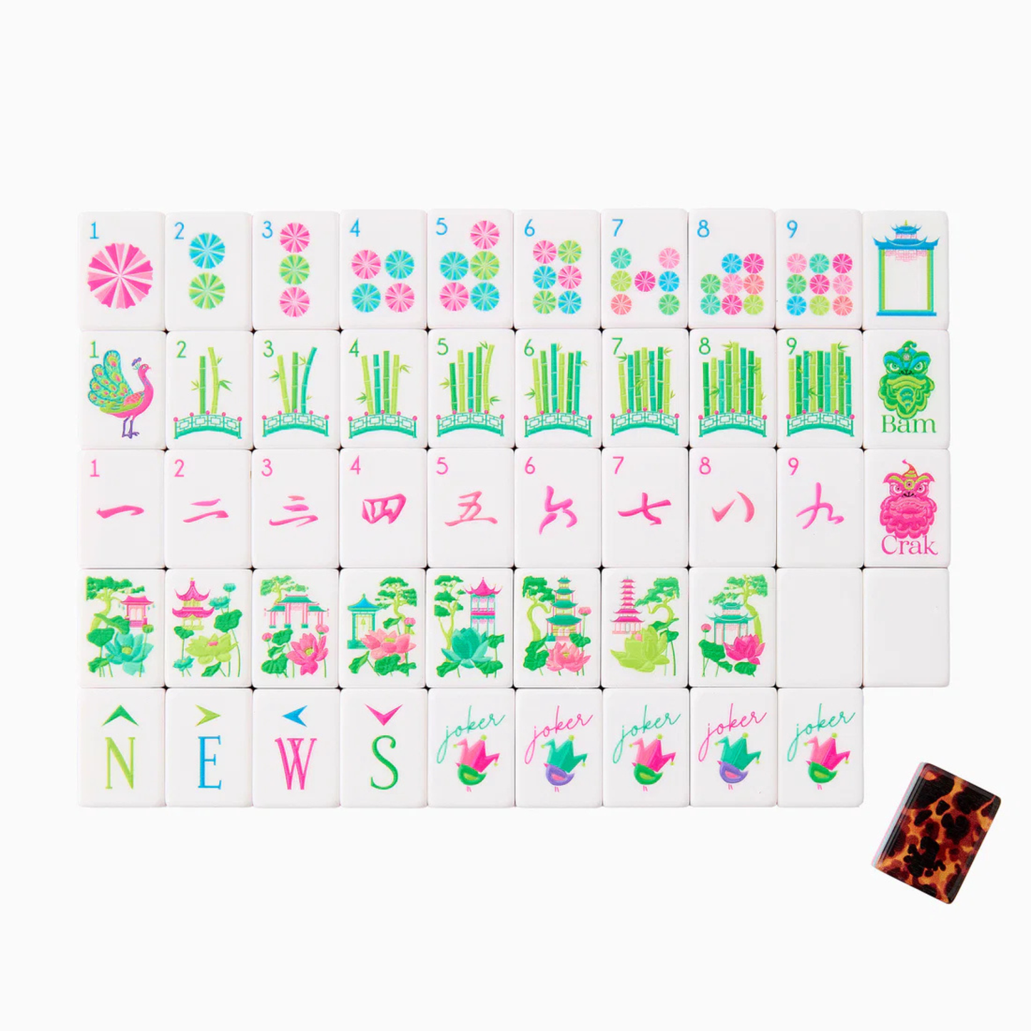 Colorful麻将 tiles with various designs on a white background