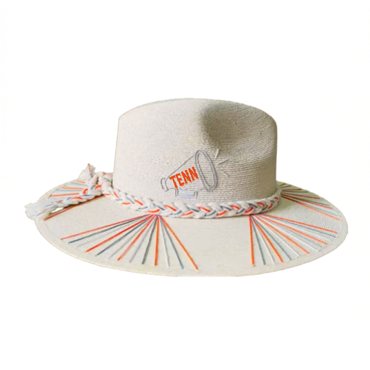 Beige sun hat with colorful band and 'TENN' logo on a white background
