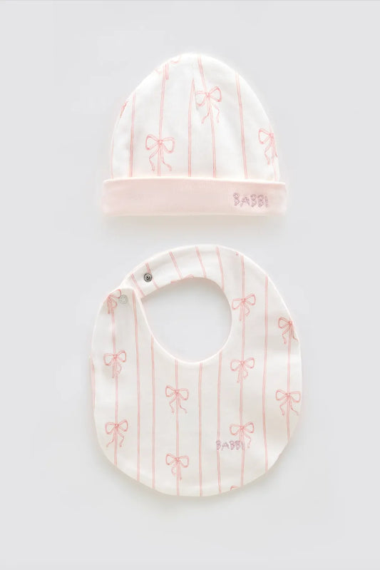 Newborn Bib & Hat Set in Pink Ribbon | Atelier Babbi